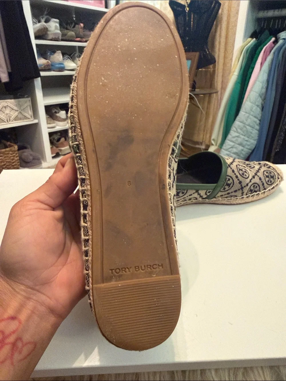 Tory Burch Navy Monogram Espadrille Flats with Green Trim